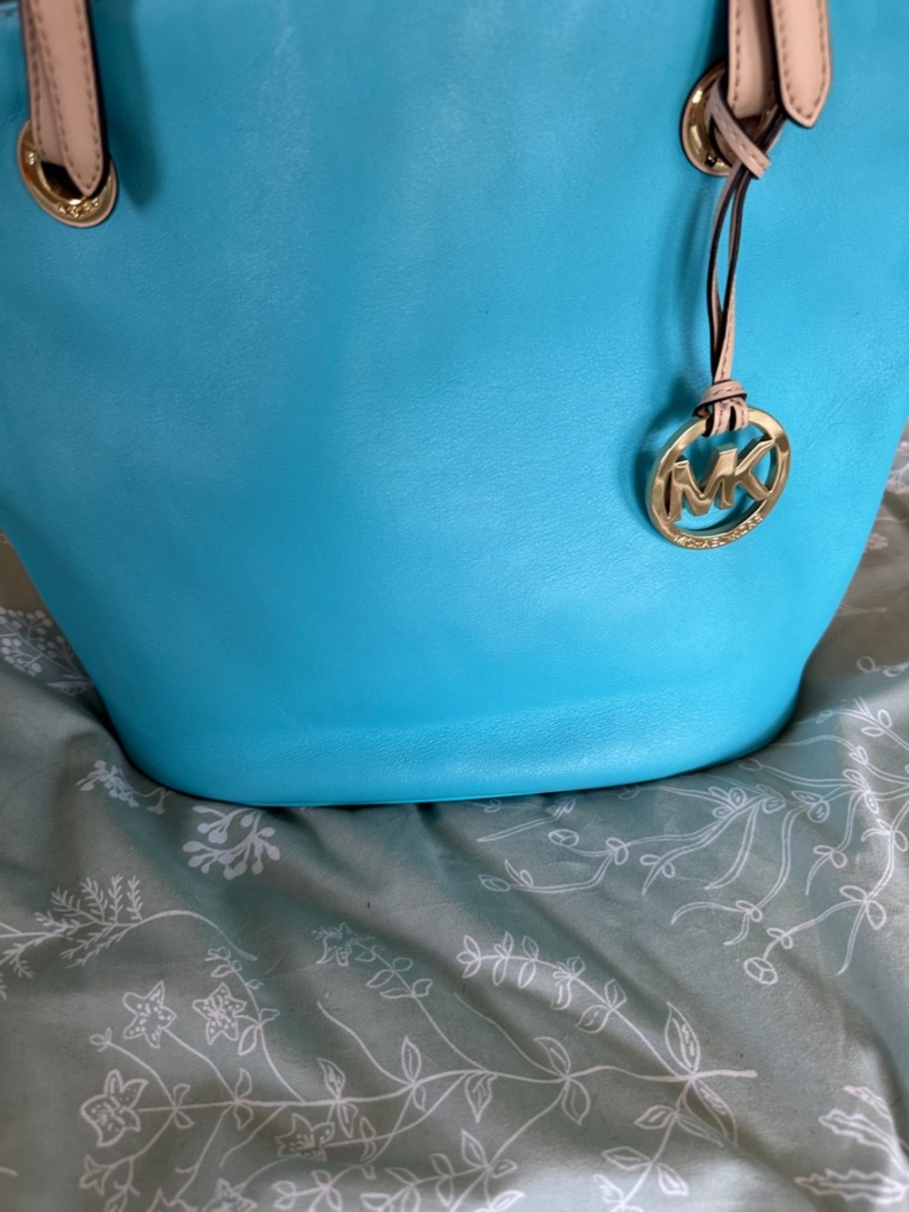 Michael Kors Bright Turquoise Leather Tote with Gold MK Charm